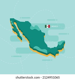 Mapa vectorial 3d de México con nombre y bandera del país sobre fondo verde claro y guión.