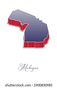 3D Vector map of  Michigan in colors of the USA flag with handwritten name of the state. State name can be removed or edited. Map isolated on white. Vector for digital editing and prints of all sizes.