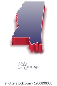 3D Vector map of  Mississippi in colors of the USA flag with handwritten name of the state. State name can be removed or edited. Map isolated on white. For digital editing and prints of all sizes.