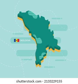 3d vector map of Moldova with name and flag of country on light green background and dash.