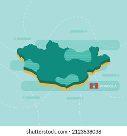 3d vector map of Mongolia with name and flag of country on light green background and dash.