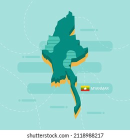 3d vector map of Myanmar with name and flag of country on light green background and dash.