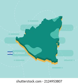 Mapa vectorial 3d de Nicaragua con nombre y bandera del país sobre fondo verde claro y guión.