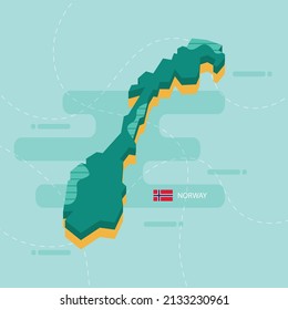 3d vector map of Norway with name and flag of country on light green background and dash.