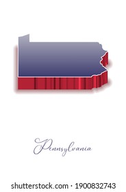 3D Vector map of  Pennsylvania in colors of the USA flag with handwritten name of the state. State name can be removed or edited. Map isolated on white. For digital editing and prints of all sizes.