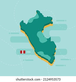 3d vector map of Peru with name and flag of country on light green background and dash.