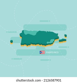 3d vector map of Puerto Rico with name and flag of country on light green background and dash.