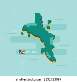 3d vector map of Seychelles with name and flag of country on light green background and dash.