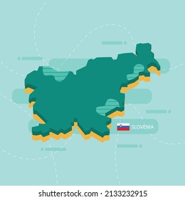 3d vector map of Slovenia with name and flag of country on light green background and dash.