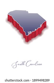 3D Vector map of  South Carolina in colors of the USA flag with handwritten name of the state. State name can be removed or edited. Map isolated on white. For digital editing and prints of all sizes.
