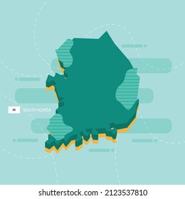 Mapa vectorial 3d de Corea del Sur con nombre y bandera del país sobre fondo verde claro y guiño.