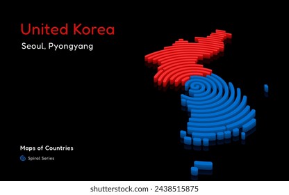 Mapa vectorial 3D de Corea del Sur y del Norte. Mapa político. Seúl, Pyongyang. Corea del Norte. Capital. Mapas vectoriales de Países Mundiales. Serie de huellas dactilares en espiral	
