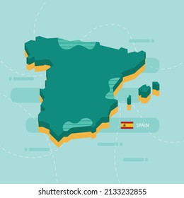 3d vector map of Spain with name and flag of country on light green background and dash.