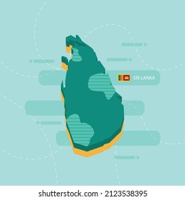 Mapa vectorial 3d de Sri Lanka con nombre y bandera del país sobre fondo verde claro y guiño.