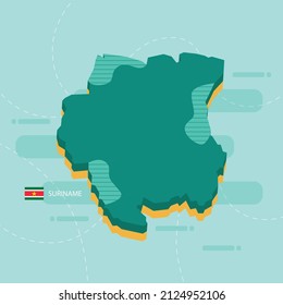3d vector map of Suriname with name and flag of country on light green background and dash.