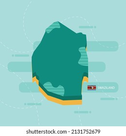 Mapa vectorial 3d de Suazilandia con nombre y bandera del país sobre fondo verde claro y guión.