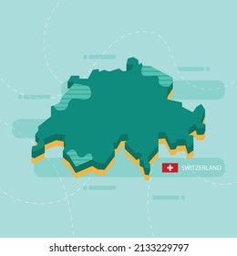 3d vector map of Switzerland with name and flag of country on light green background and dash.
