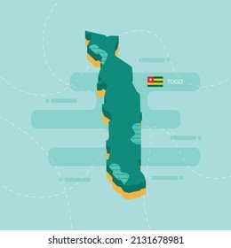 3d vector map of Togo with name and flag of country on light green background and dash.