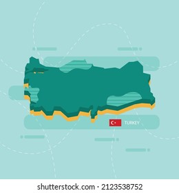 3d vector map of Turkey with name and flag of country on light green background and dash.
