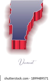 3D Vector map of  Vermont in colors of the USA flag with handwritten name of the state. State name can be removed or edited. Map isolated on white. Vector for digital editing and prints of all sizes.