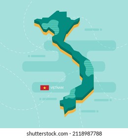 3d vector map of Vietnam with name and flag of country on light green background and dash.