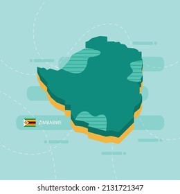 3d vector map of Zimbabwe with name and flag of country on light green background and dash.