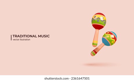 3d Vector Maracas Shakers. Realistic 3d design of Traditional Music Instrument. 3d Illustrated cartoon set of mexican party accessories. Vector illustration