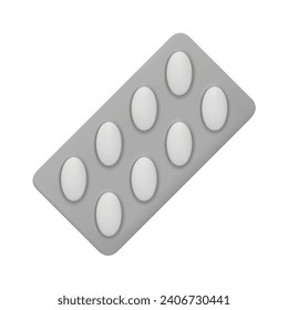 3D vector medical drugs, tabs in package, silver blister pills. Oval medicament painkillers, tablets, antibiotics, active additives. Healthcare medicines. Vector illustration isolated on white.