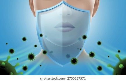 Ilustración médica de Vector 3D de una cara protegida por un escudo de gérmenes y virus. Defensa del sistema inmunológico. Ideal para publicidad de productos de higiene, suplementos de inmunidad o infografías médicas.
