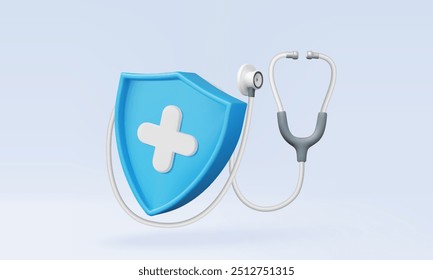 3D vector Medical Stethoscope check heartbeat of doctor help health blue shield plus protection information service healthcare support emergency. Eps 10 vector. 3d rendering illustration