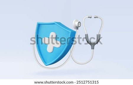 3D vector Medical Stethoscope check heartbeat of doctor help health blue shield plus protection information service healthcare support emergency. Eps 10 vector. 3d rendering illustration