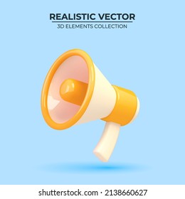 3D vector Megaphone on blue background. Realistic 3d design. Trendy yellow and blue colors. Design in cartoon style. Vector illustration