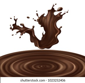 3D vector melted, liquid hot chocolate, cacao or coffee falling splash with drops, realistic illustration isolated on background. Sweet fluid dessert, mockup for brand promotion and package design