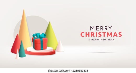 3d vector Merry Christmas banner template with cone cartoon pine trees red box with ribbon bow and stage podium design illustration. Happy New Year poster concept.