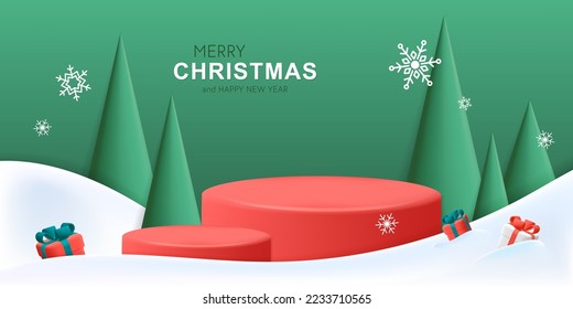 3d vector Merry Christmas banner template with red stage podiums cone cartoon pine trees and gift boxes design illustration. Cartoon render winter landscape snow drift Happy New Year poster concept.