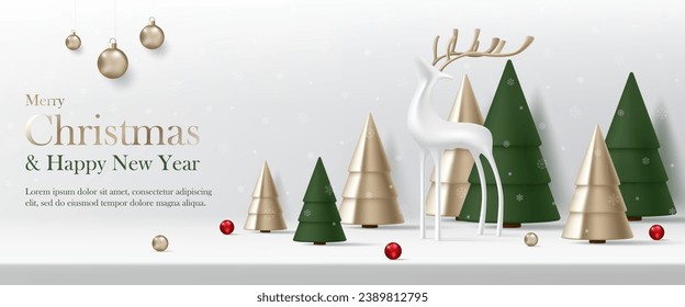 3D Vector Merry Christmas banner. Happy New Year with reindeer, green and gold christmas tree background. Luxury modern minimal style, decoration party, invitation greeting card, backdrop, wallpaper