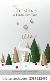 3D Vector Merry Christmas banner. Happy New Year with reindeer, green and gold christmas tree background. Luxury modern minimal style, decoration party, invitation greeting card, backdrop, wallpaper