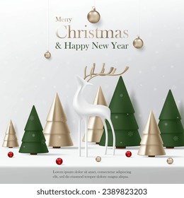 3D Vector Merry Christmas banner. Happy New Year with reindeer, green and gold christmas tree background. Luxury modern minimal style, decoration party, invitation greeting card, backdrop, wallpaper