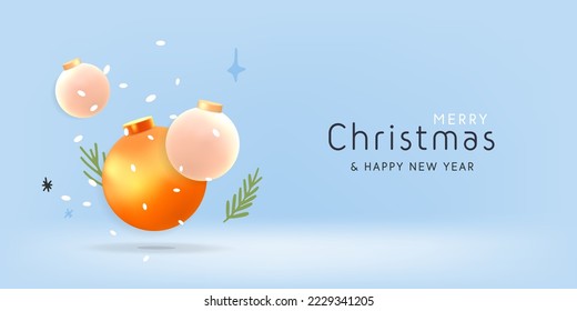 3D Vektor Frohe Weihnachtsgrußkarte, Poster oder Flyer Design mit fliegenden Dekorationsbälle. Cartoon Rendering Bauble Element Layout, Abdeckung für Winterurlaub.