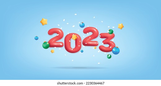 3d vector Merry Christmas greeting card with 2023 numbers. Cartoon render bauble and ball confetti traditional seasonal decoration element poster, banner. 