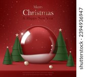 3D Vector Merry Christmas product podium banner. Glass snow ball, green tree, globe, snowflake red background. Luxury modern minimal decoration party, greeting card, promotion sale, social media post