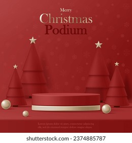 3D Vector Merry Christmas product display cylinder stand podium banner. Happy New Year Xmas tree, gold star on red background. Luxury modern minimal decoration party, discount promotion sale, social 