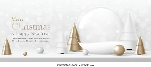 3D Vector Merry Christmas product display podium banner. Empty glass snow ball with gold tree on white background. Luxury modern minimal style, decoration party, promotion sale, social media post