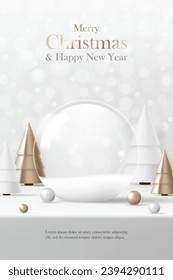 3D Vector Merry Christmas product display podium banner. Empty glass snow ball with gold tree on white background. Luxury modern minimal style, decoration party, promotion sale, social media post