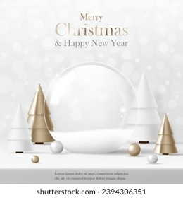 3D Vector Merry Christmas product display podium banner. Empty glass snow ball with gold tree on white background. Luxury modern minimal style, decoration party, promotion sale, social media post