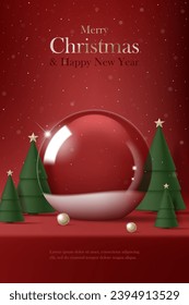 3D Vector Merry Christmas product podium banner. Glass snow ball, green tree, globe, snowflake red background. Luxury modern minimal decoration party, greeting card, promotion sale, social media post