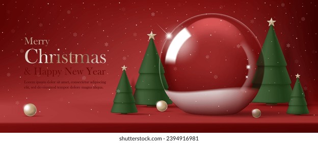 3D Vector Merry Christmas product podium banner. Glass snow ball, green tree, globe, snowflake red background. Luxury modern minimal decoration party, greeting card, promotion sale, social media post