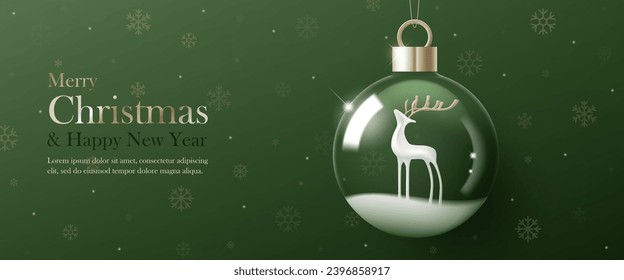 3D Vector Merry Christmas product podium banner. Glass snow ball, reindear, snowflake on green background. Luxury modern minimal decoration party, greeting card, promotion sale, social media post