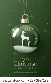 3D Vector Merry Christmas product podium banner. Glass snow ball, reindear, snowflake on green background. Luxury modern minimal decoration party, greeting card, promotion sale, social media post