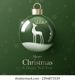 3D Vector Merry Christmas product podium banner. Glass snow ball, reindear, snowflake on green background. Luxury modern minimal decoration party, greeting card, promotion sale, social media post